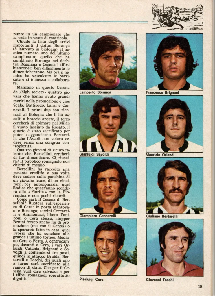 Panini, Modena, Paladino dei Ragazzi, ottobre 1973, n. 10, p. 19, presentazione Cesena 1973-74 con Boranga, Brignani, Savoldi, Orlandi, Ceccarelli, Bertarelli, Cera e Toschi