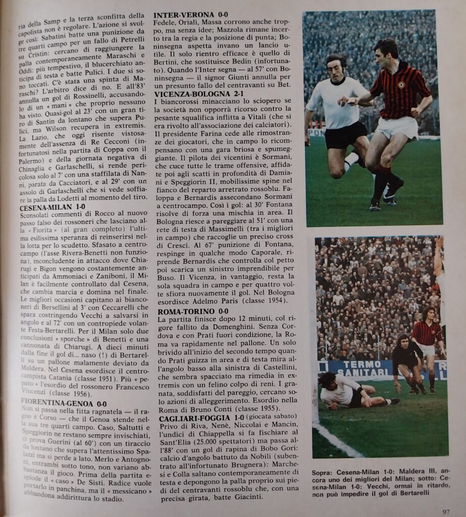 Enciclopedia Tutto il Calcio Minuto per Minuto European Book appendice 1974-75 Cesena 04 Festa Bertarelli Cesena-Milan 1973-74