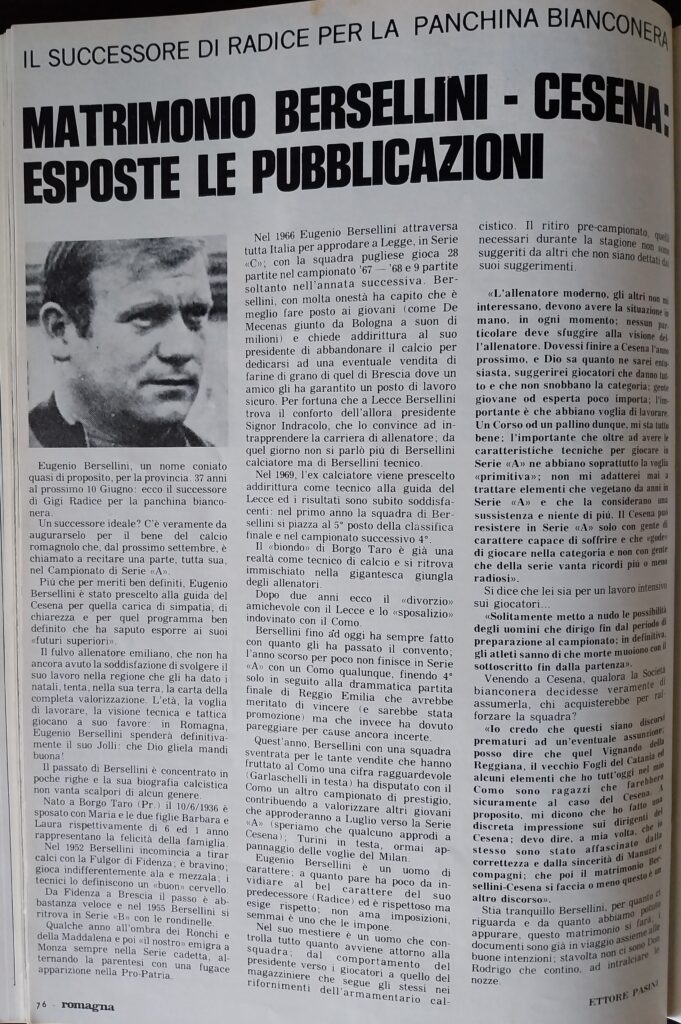 Romagna giugno 1973 n. 3, p. 76 articolo Bersellini nuovo allenatore del Cesena 1973-74