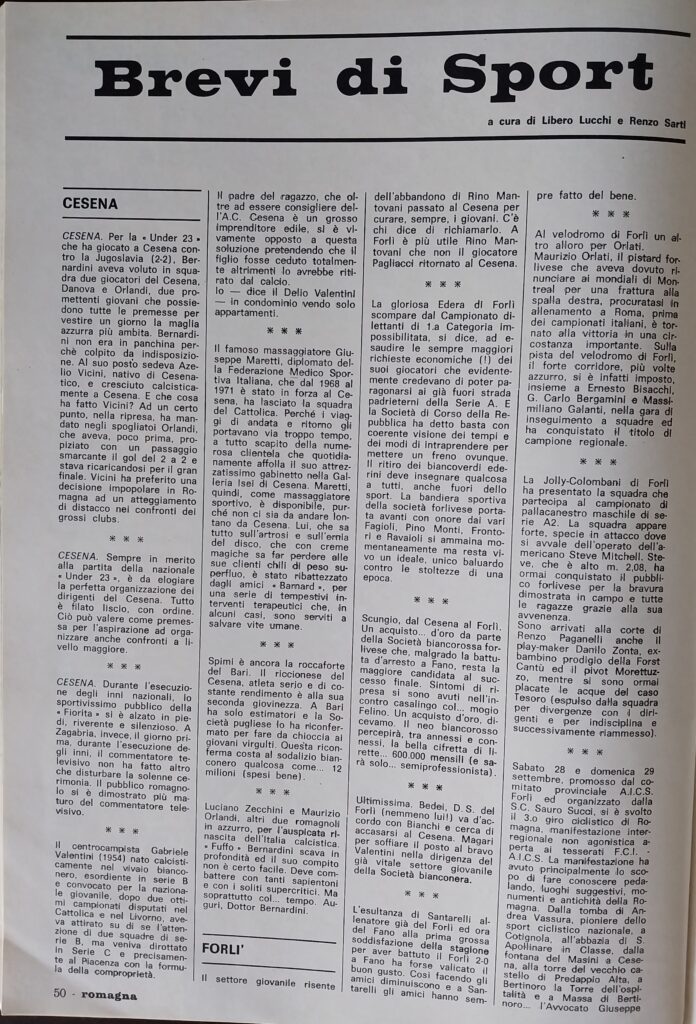 Romagna ottobre 1974, n. 10, p. 50, articolo notizie brevi Cesena 1974-75