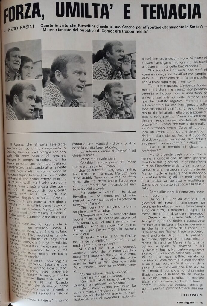 Romagna settembre 1973 n. 8, p. 45 articolo Cesena Bersellini 1973-74