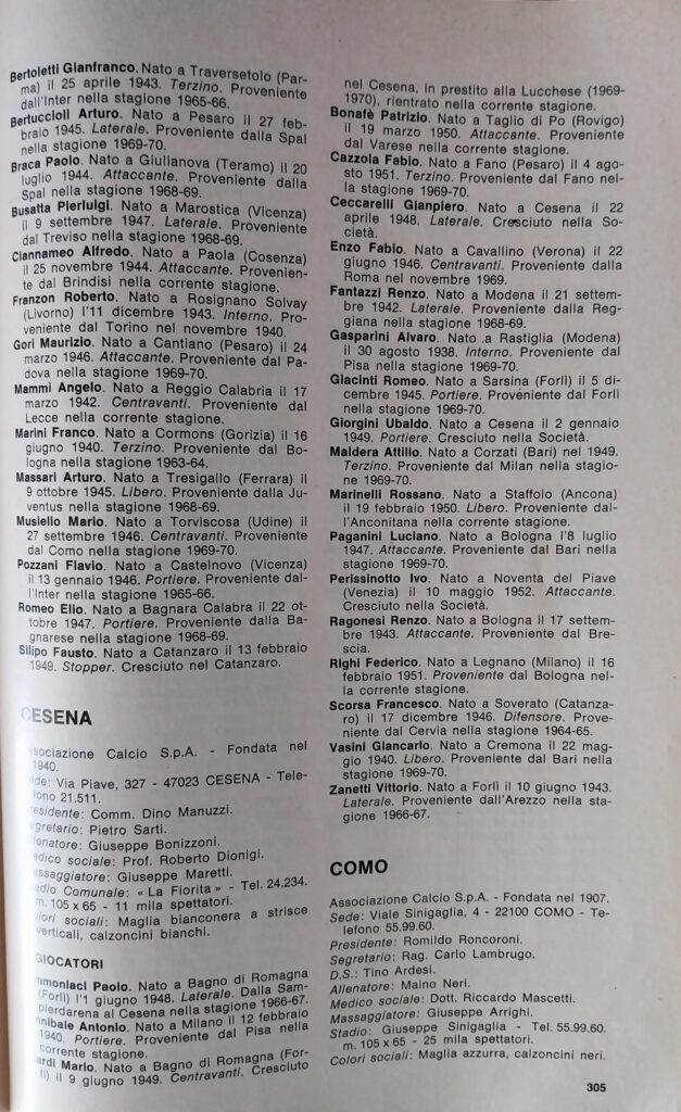 ABC Calcio 1971, p. 305, presentazione Cesena 1970-71