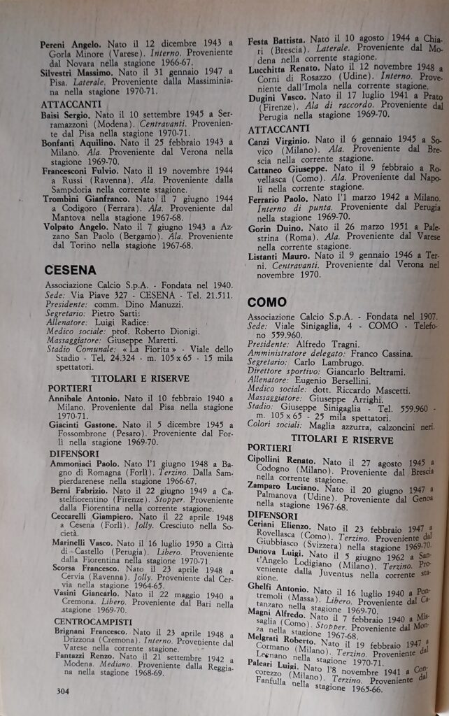 ABC Calcio 1972, p. 304, presentazione Cesena 1971-72