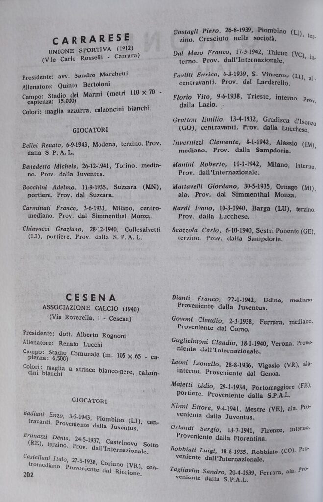 Almanacco del Calcio Carcano 1964, p. 202, presentazione Cesena 1963-64