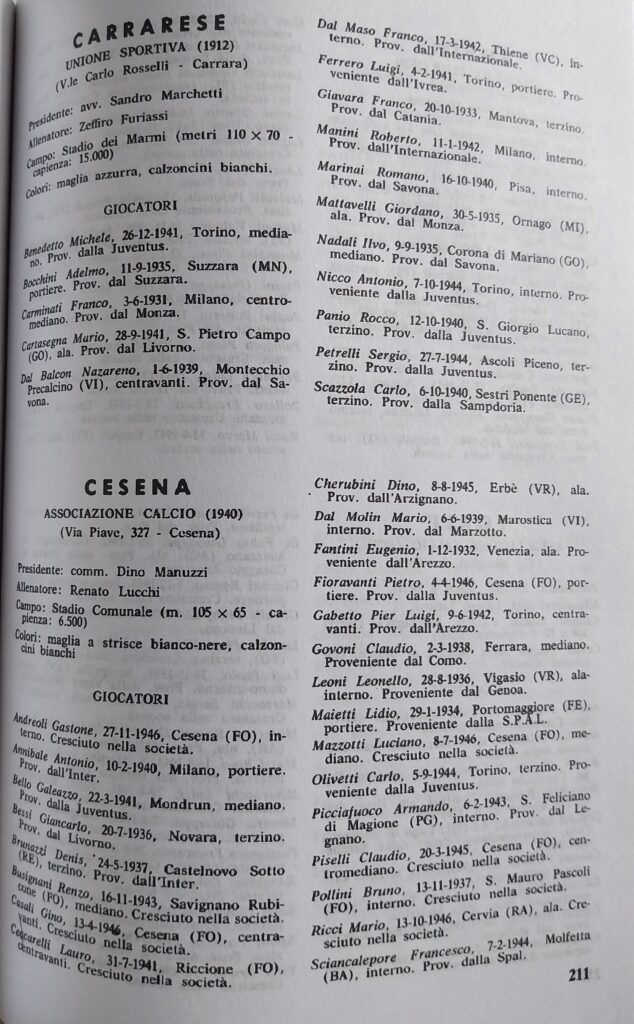 Almanacco del Calcio Carcano 1965, p. 211, presentazione Cesena 1964-65