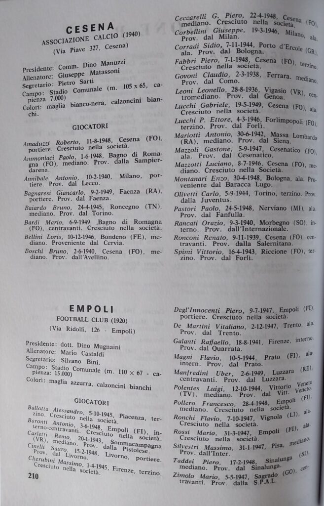 Almanacco del Calcio Carcano 1967, p. 210, presentazione Cesena 1966-67