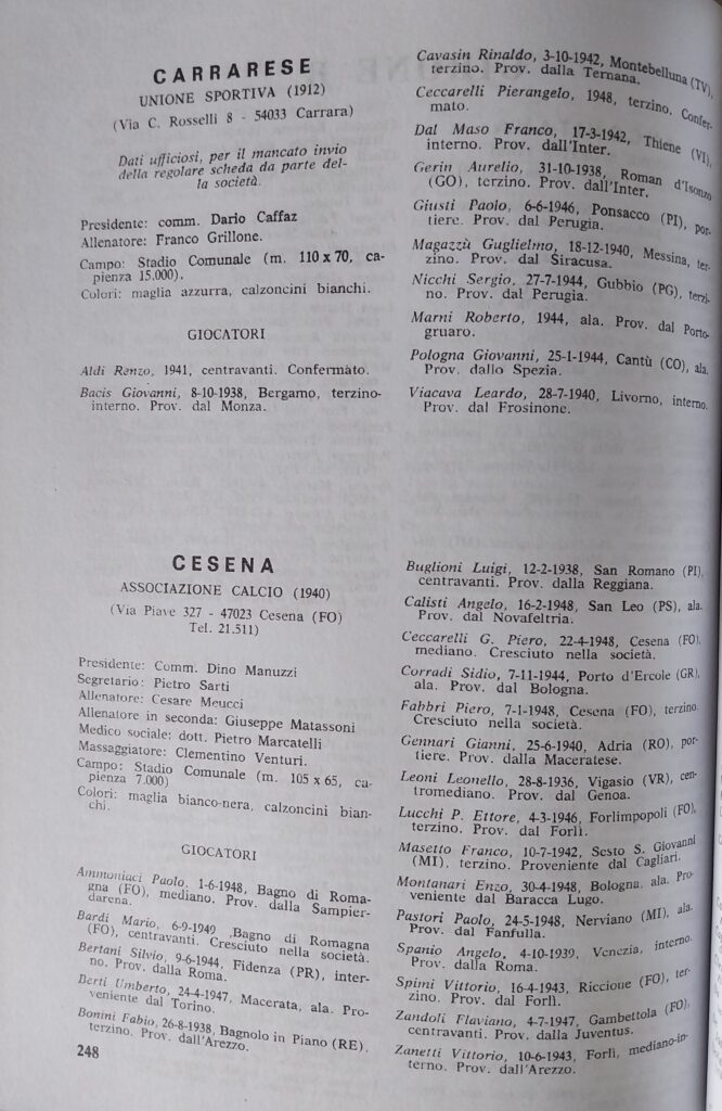 Almanacco del Calcio Carcano 1968, p. 248, presentazione Cesena 1967-68