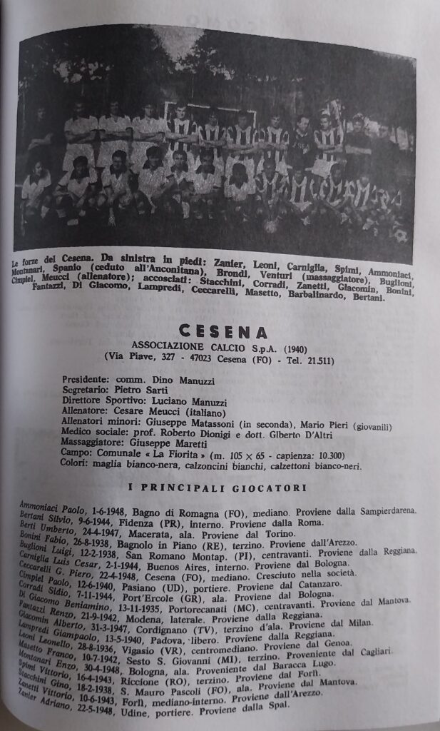 Almanacco del Calcio Carcano 1969, p. 203, presentazione Cesena 1968-69