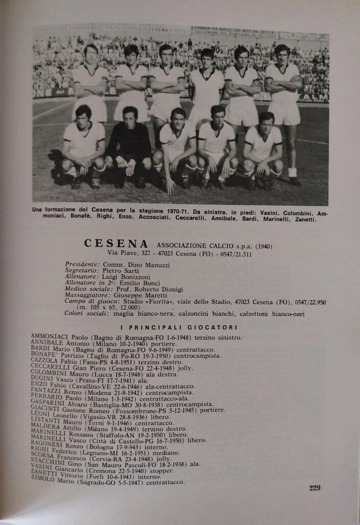 Almanacco del Calcio Panini 1971, p. 229, presentazione Cesena 1970-71