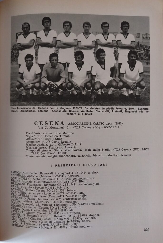 Almanacco del Calcio Panini 1972, p. 229, presentazione Cesena 1971-72