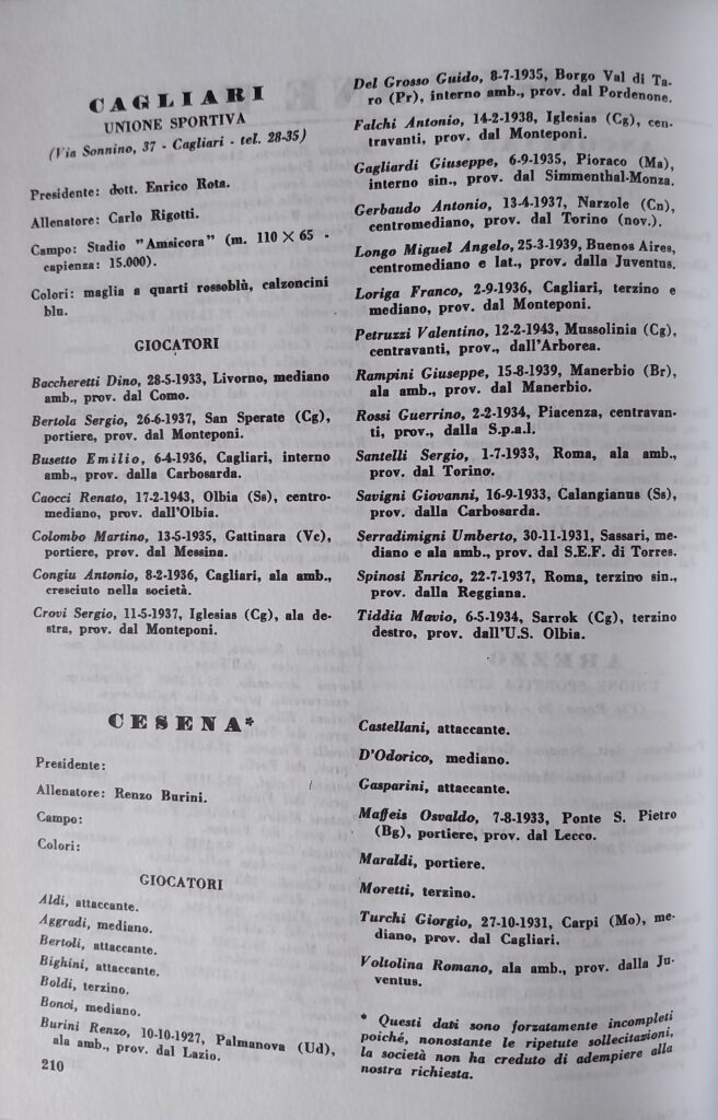 Almanacco del Calcio Rizzoli 1961, p. 210, presentazione Cesena 1960-61