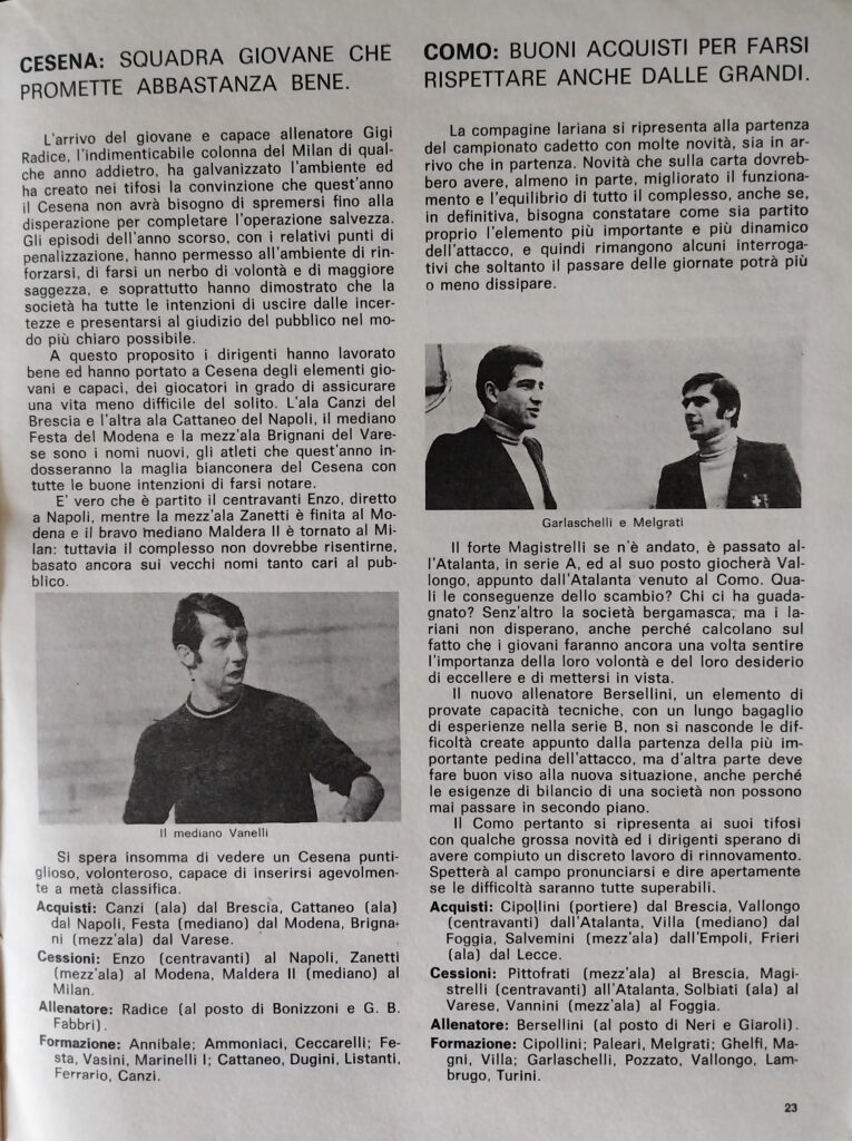 Calcio Sport Gino Sansoni Editore, novembre 1971, n. 5, p. 23, presentazione Cesena 1971-72 Vasini