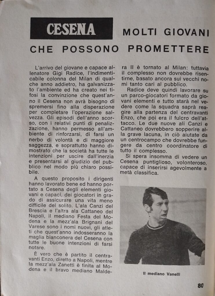 Il calcio italiano ABC, Gino Sansoni Editore, 1971, p. 80, presentazione Cesena 1971-72 Vasini