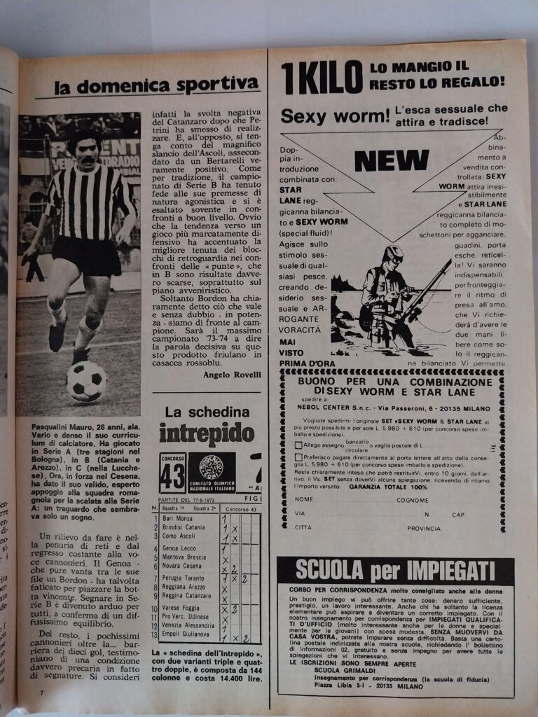 Intrepido 14 giugno 1973, n. 24, p. 7, articolo serie B col Cesena Pasqualini 1972-73