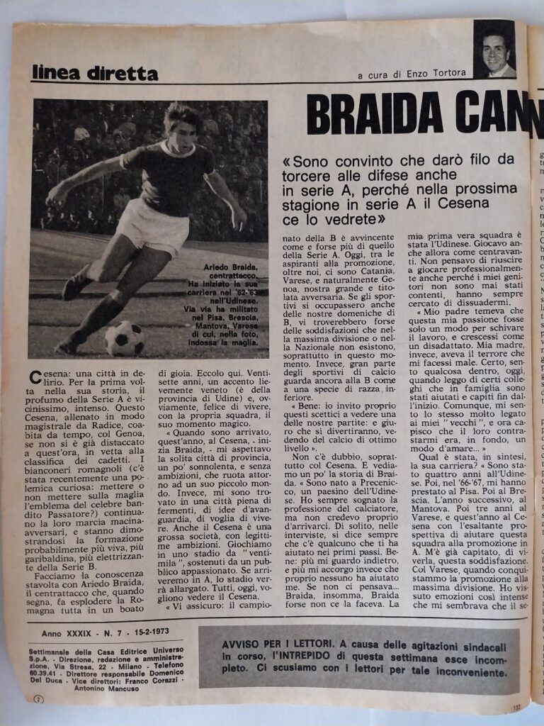 Intrepido 15 febbraio 1973, n. 7, p. 2, articolo Braida 1972-73