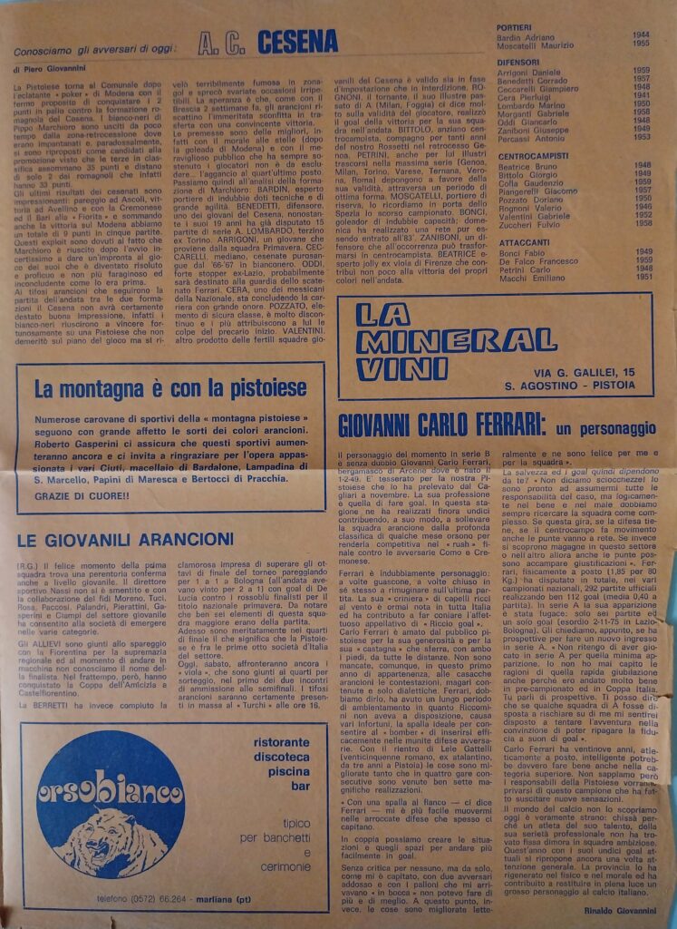 Pistoiese-Cesena 1977-78 programma TV Sport Pistoia Libera, p.3