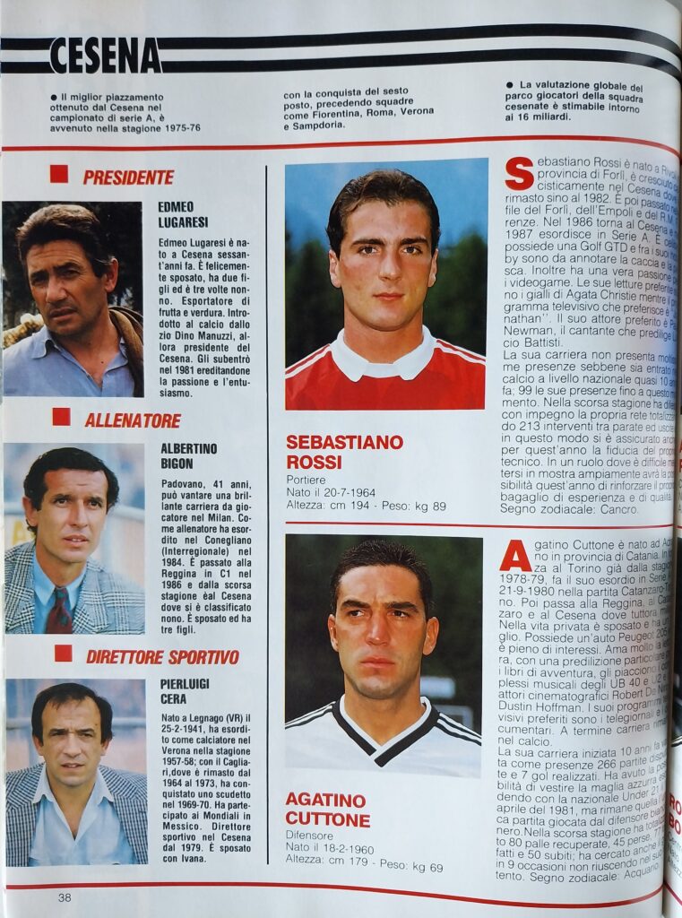 ABC del calcio 88-89, 1988, p. 38, presentazione Cesena 1988-89 Lugarei Bigon Cera Rossi Cuttone