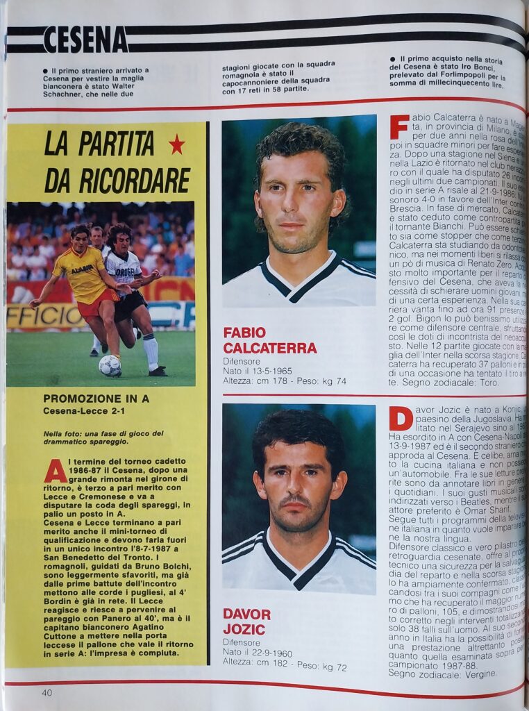 ABC del calcio 88-89, 1988, p. 40, presentazione Cesena 1988-89 Calcaterr Jozic spareggio Cesena-Lecce 1986-87