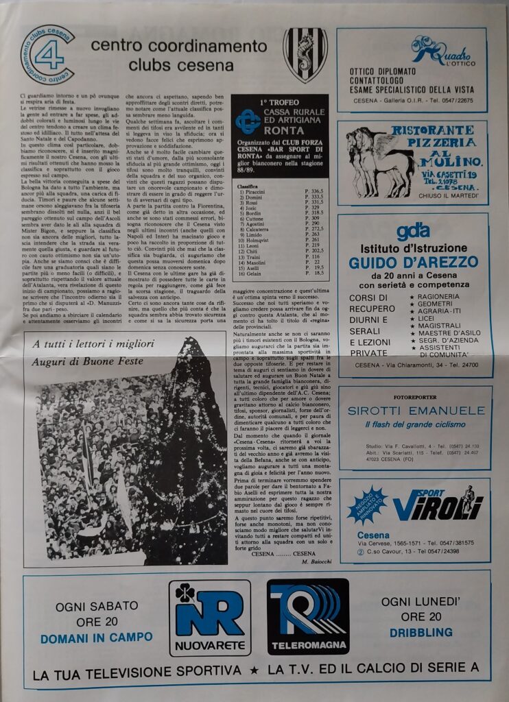 CesenaCesena 18 dicembre 1988, n. 6, p. 3, programma Cesena-Atalanta 1988-89