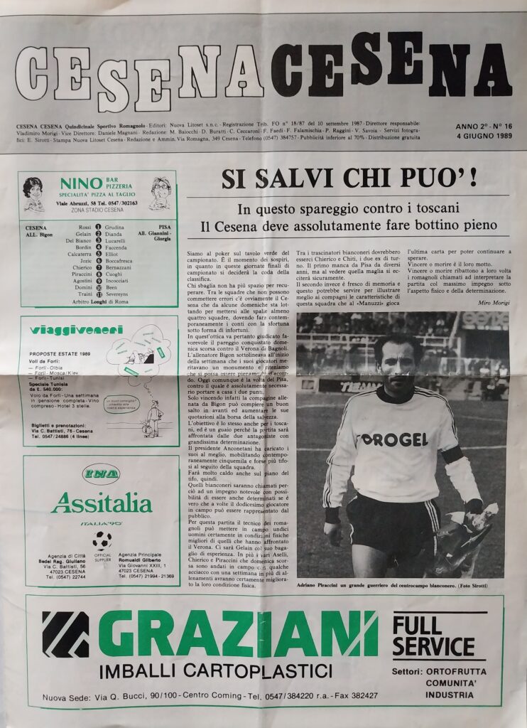 CesenaCesena 4 giugno 1989, n. 16, copertina, programma Cesena-Pisa 1988-89 Piraccini