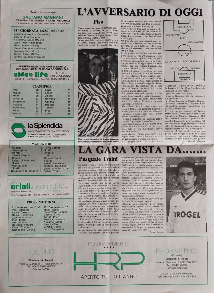 CesenaCesena 4 giugno 1989, n. 16, p. 2, programma Cesena-Pisa 1988-89 Traini