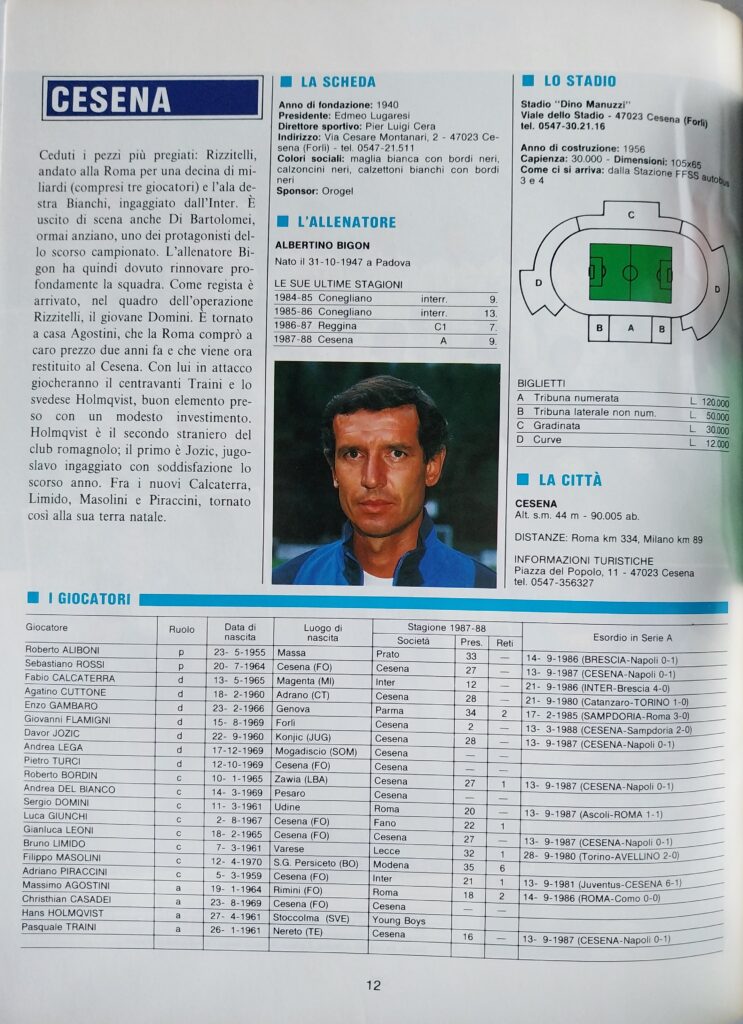 Enciclopedia Il libro del calcio 1988, Fabbri Editori, p. 12, presentazione Cesena 1988-89 Bigon