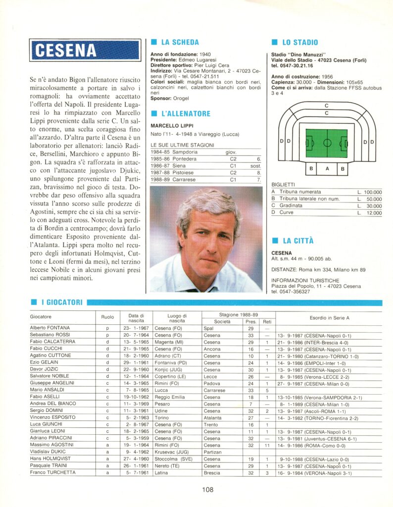 Enciclopedia Il libro del calcio 1989, Fabbri Editori, p. 108, presentazione Cesena 1989-90 Lippi