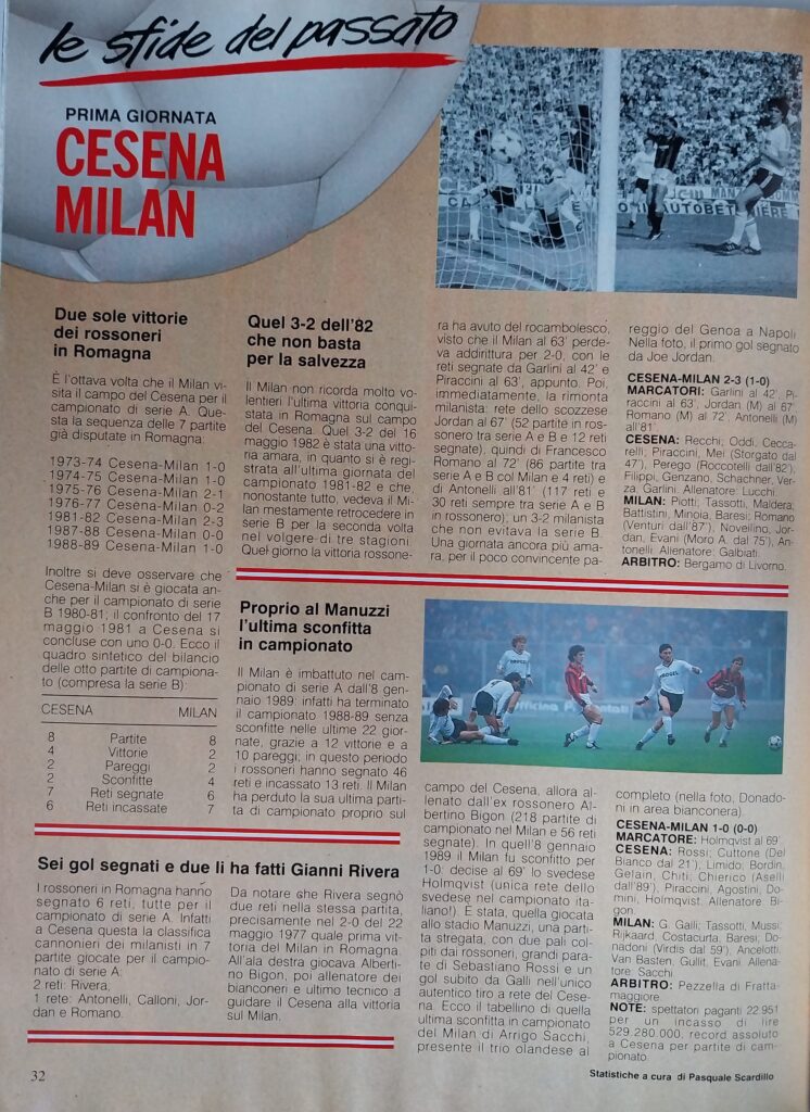 Forza Milan settembre 1989, n. 9, p. 32, presentazine Cesena-Milan 1989-90