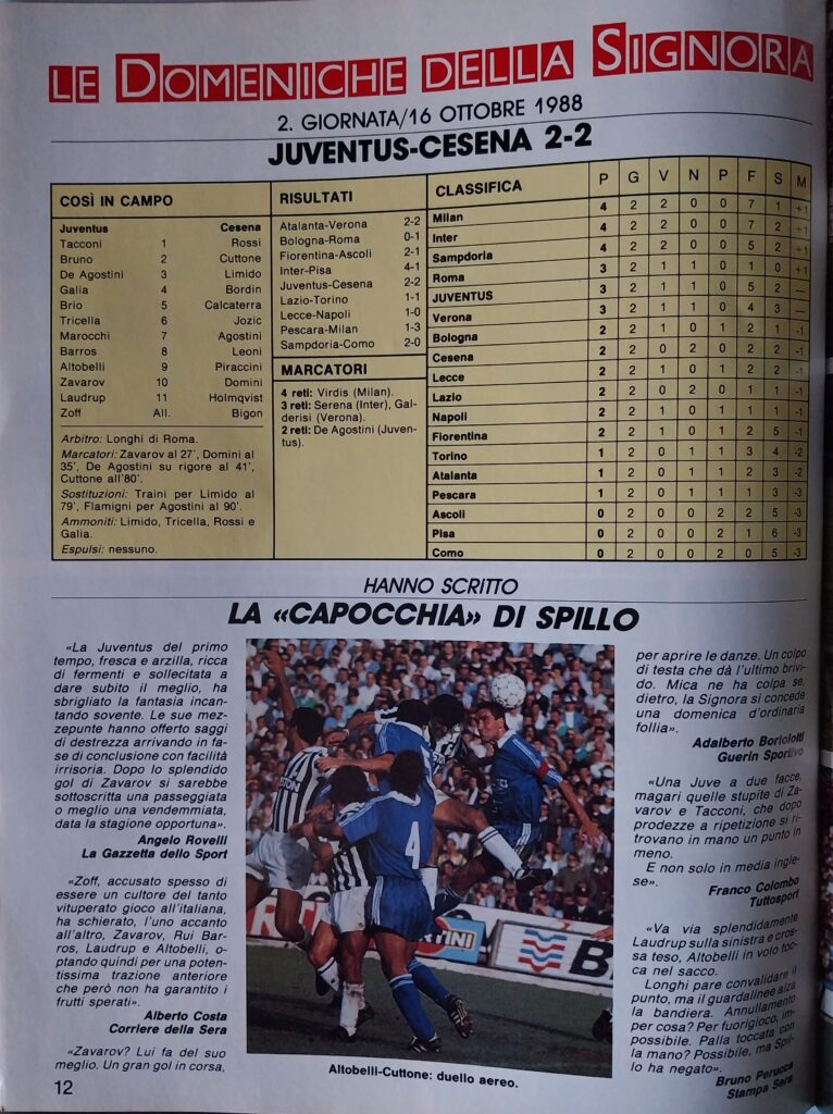 Hurrà Juventus novembre 1988, n. 2, p. 12, Juventus-Cesena 1988-89