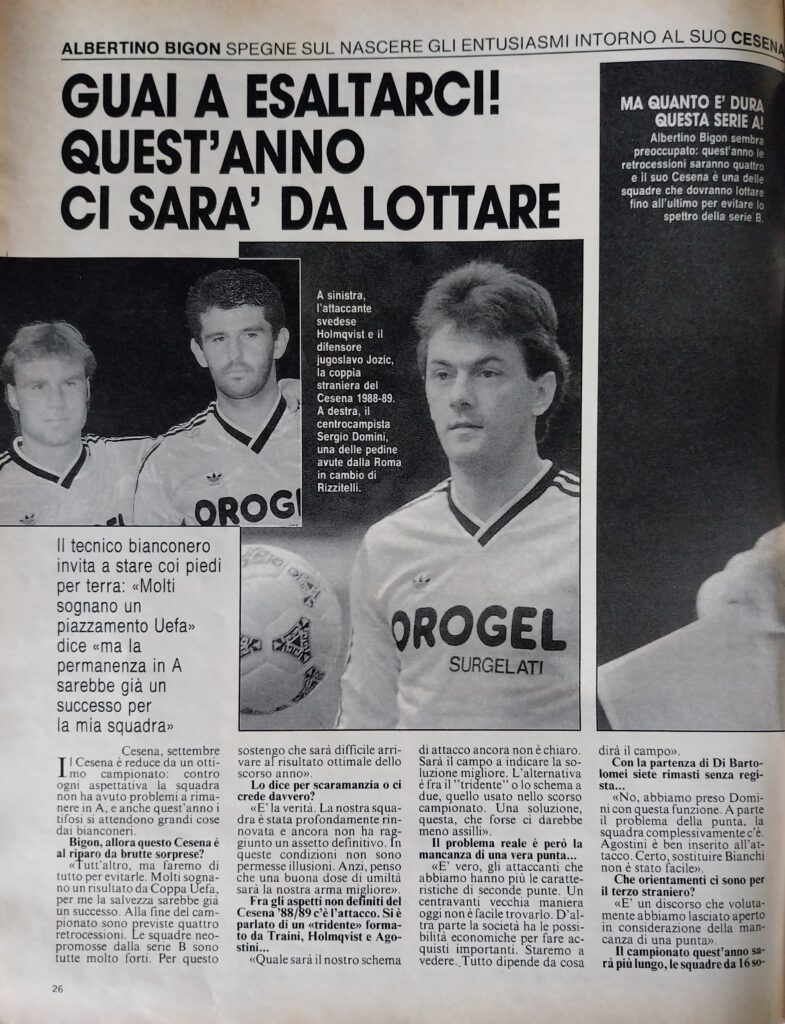 Intrepido Sport 21 settembre 1988, n. 38, p. 26, articolo Cesena 1988-89 Holmqvist Jozic Domini