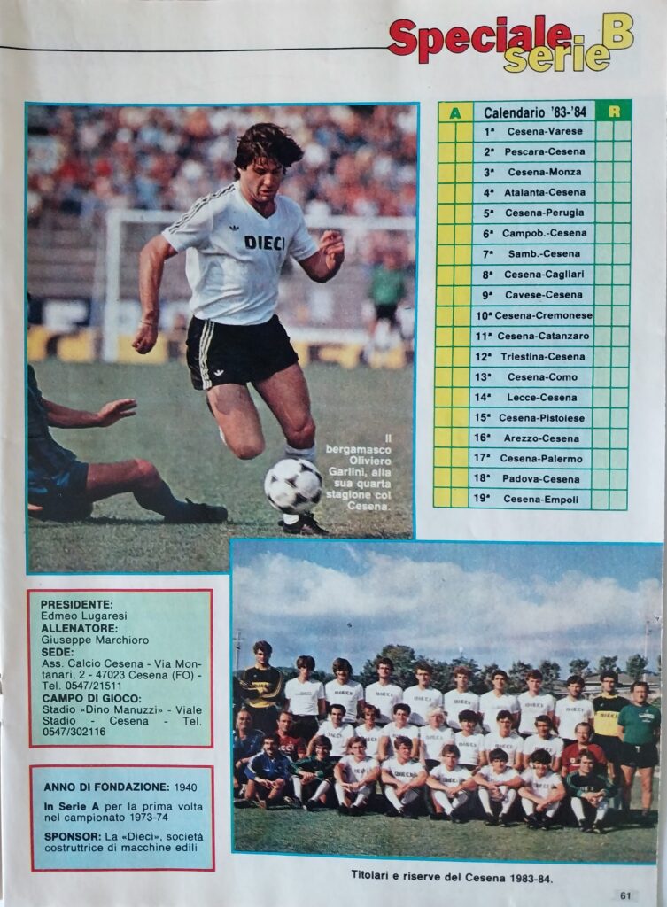 Intrepido Sport 28 settembre 1983, n. 39, inserto serie B p. 61, presentazione Cesena 1983-84 Garlini