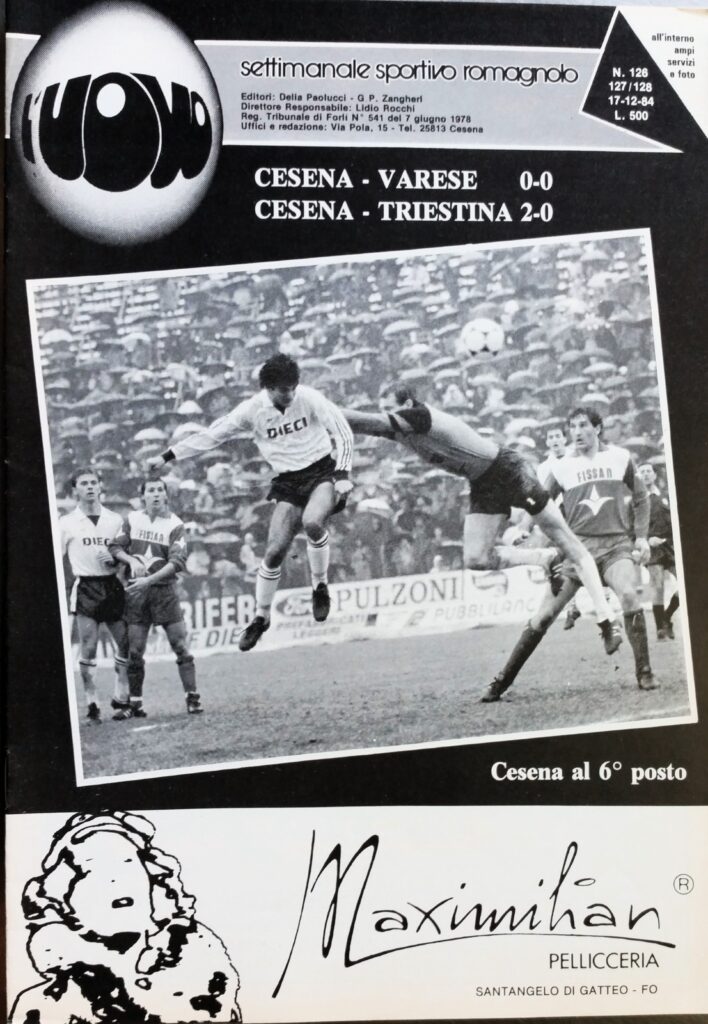 L'Uovo 17 dicembre 1984, n. 126-127-128, copertina con foto Cesena-Varese 1984-85 e Cesena-Triestina 1984-85 recupero Gabriele