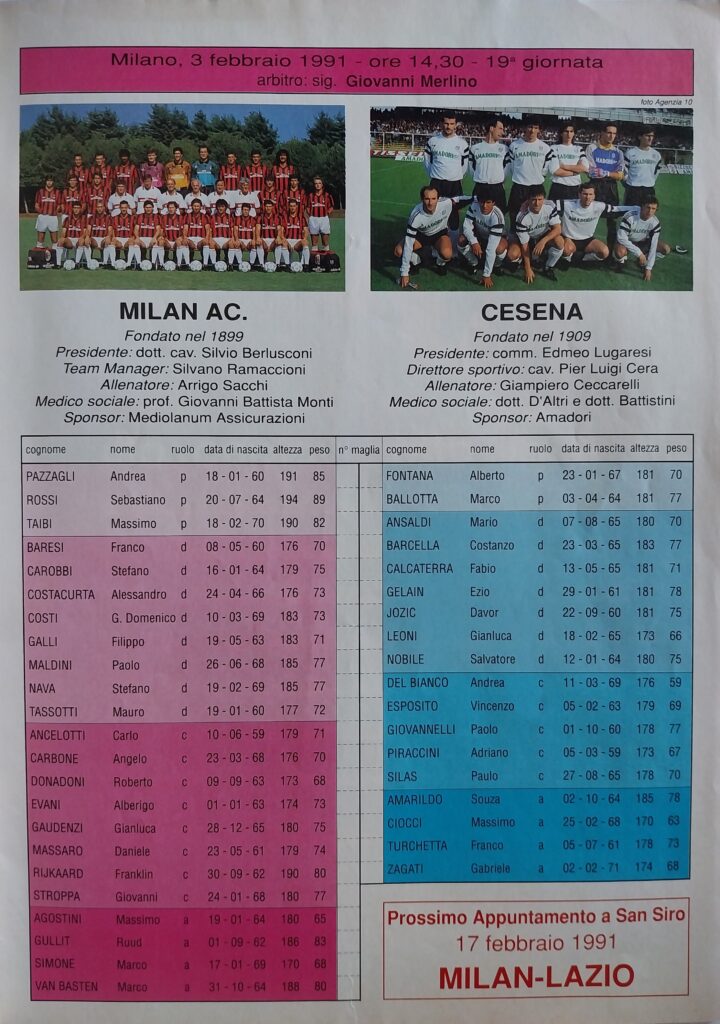 Oggi Milan 3 febbraio 1991, p.7, programma Milan-Cesena 1990-91