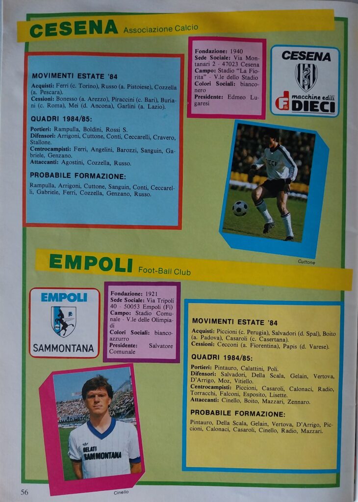 Radiocorriere TV 16 settembre 1984, n. 38, tutto il campionato minuto per minuto, p. 56, presentazione Cesena 1984-85