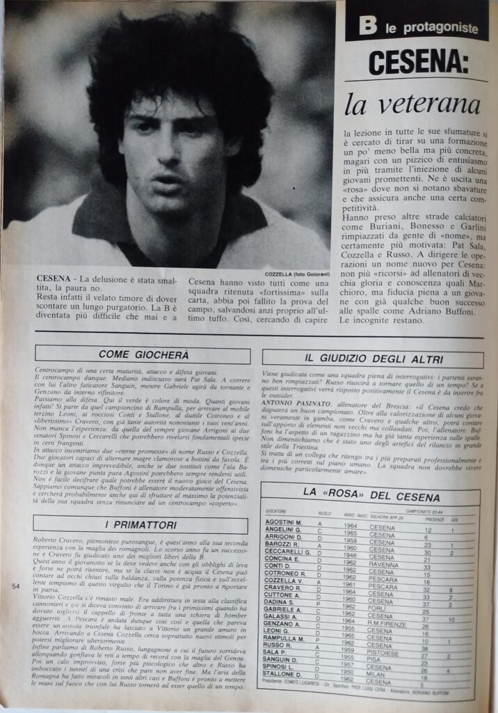 Tuttocalcio ABC settembre 1984, n. 9, p. 54, presentazione Cesena 1984-85 Cozzella