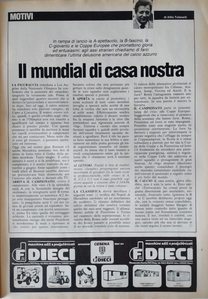 Tuttocalcio ABC settembre 1984, n. 9, pubblicità Fratelli Dieci Cesena 1984-85