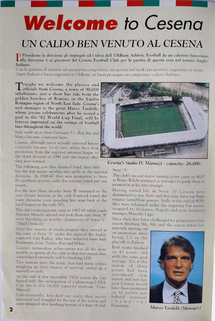 11 ottobre 1995, p. 2, programma Oldham Athletic-Cesena 1995-96 Torneo Anglo Italiano