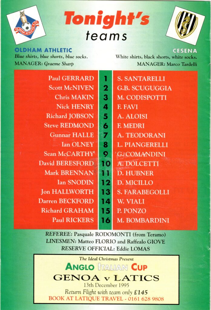 11 ottobre 1995, quarta di copertina programma Oldham Athletic-Cesena 1995-96 Torneo Anglo Italiano