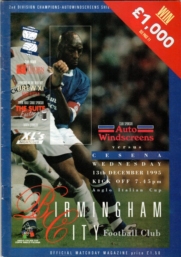 13 dicembre 1995, copertina programma Birmingham City-Cesena 1995-96 Torneo Anglo Italiano