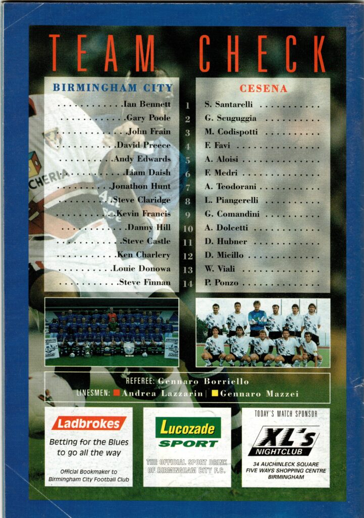 13 dicembre 1995, quarta di copertina programma Birmingham City-Cesena 1995-96 Torneo Anglo Italiano