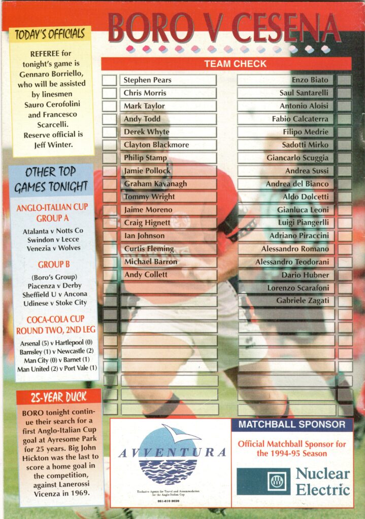 5 ottobre 1994, quarta di copertina programma Middlesbrough-Cesena 1994-95 Torneo Anglo Italiano