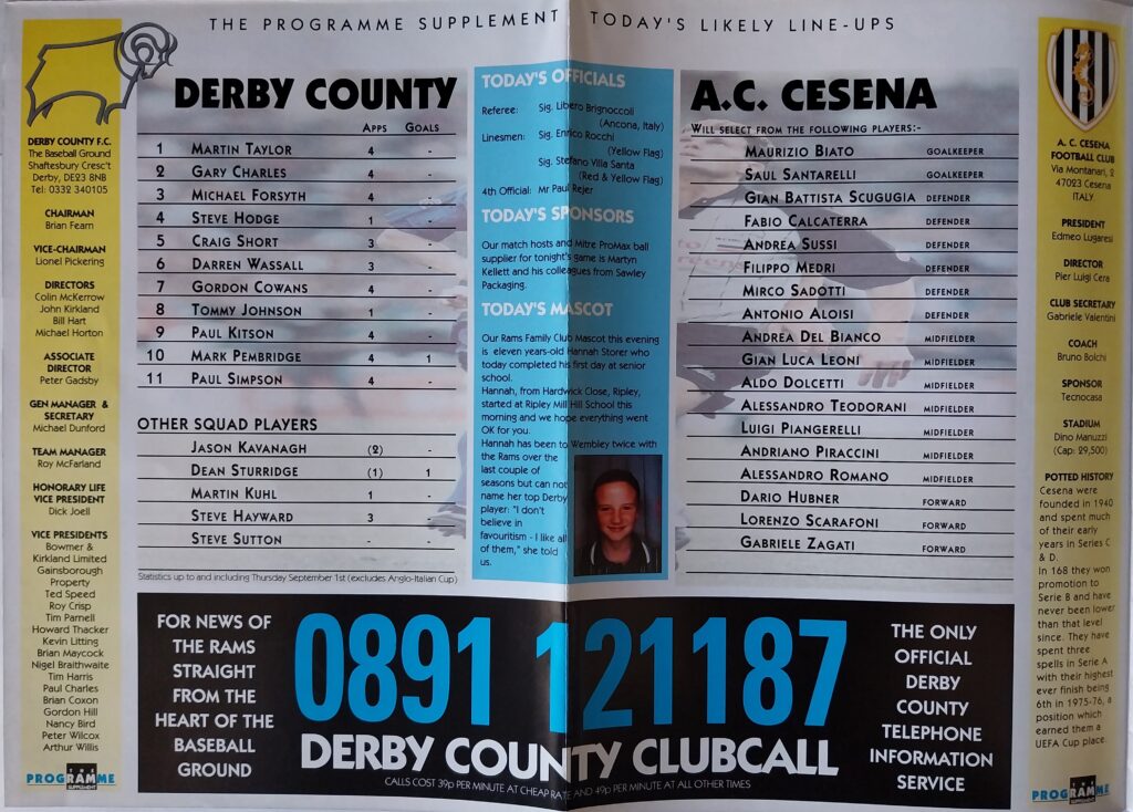 6 settembre 1994, p.s.n.2 programma Derby County-Cesena 1994-95 Torneo Anglo Italiano