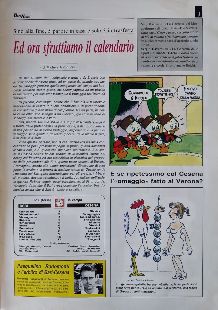 Bari News 17 aprile 1994, n. 15, p. 3, Bari-Cesena 1993-94