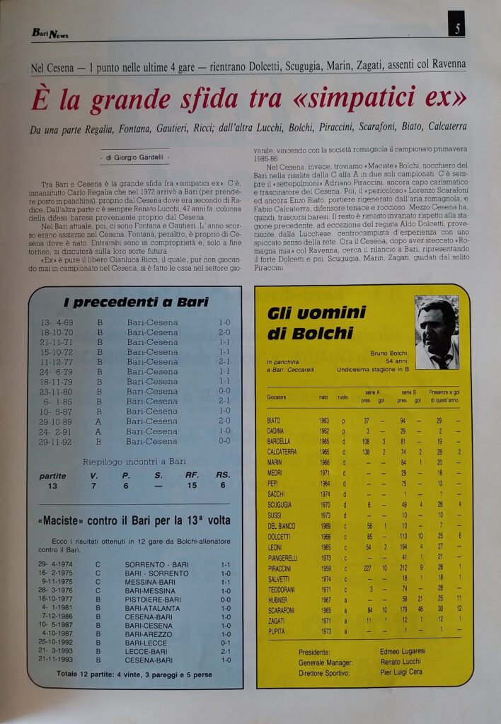 Bari News 17 aprile 1994, n. 15, p. 5, Bari-Cesena 1993-94