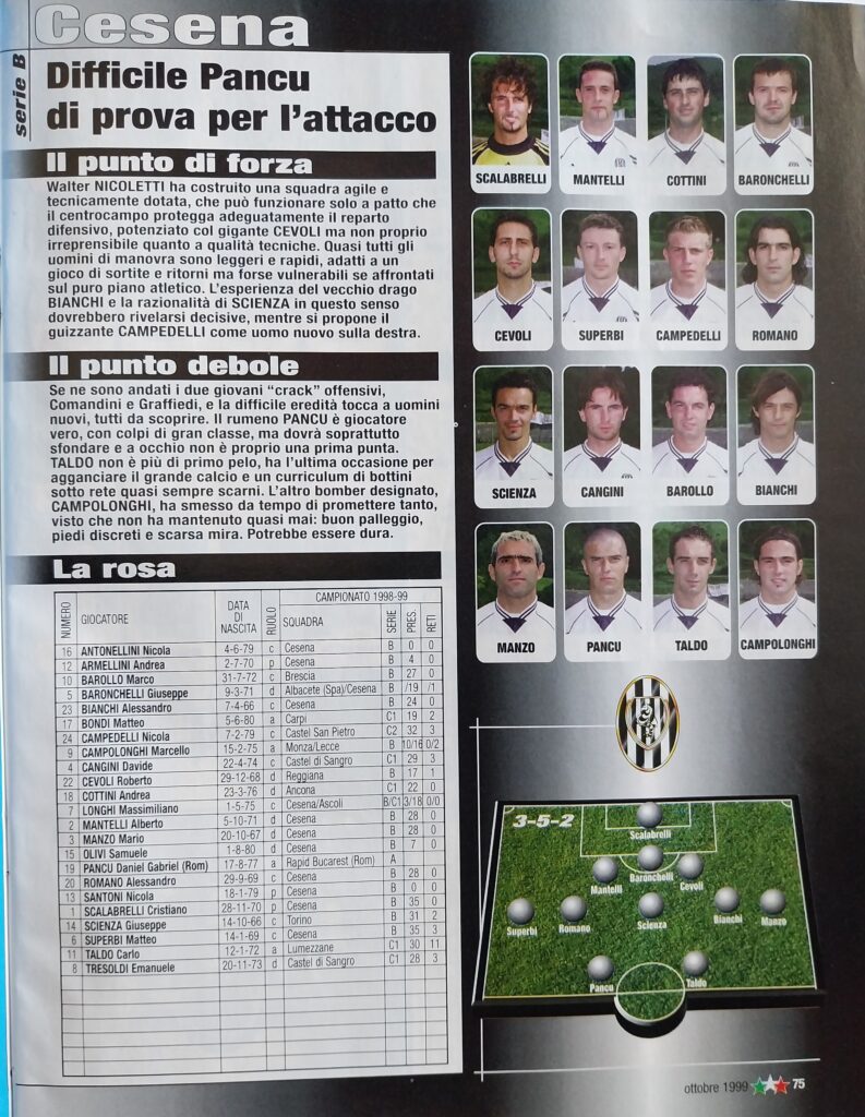 Calcio 2000 ottobre 1999, n. 23, p. 75, presentazione Cesena 1999-00