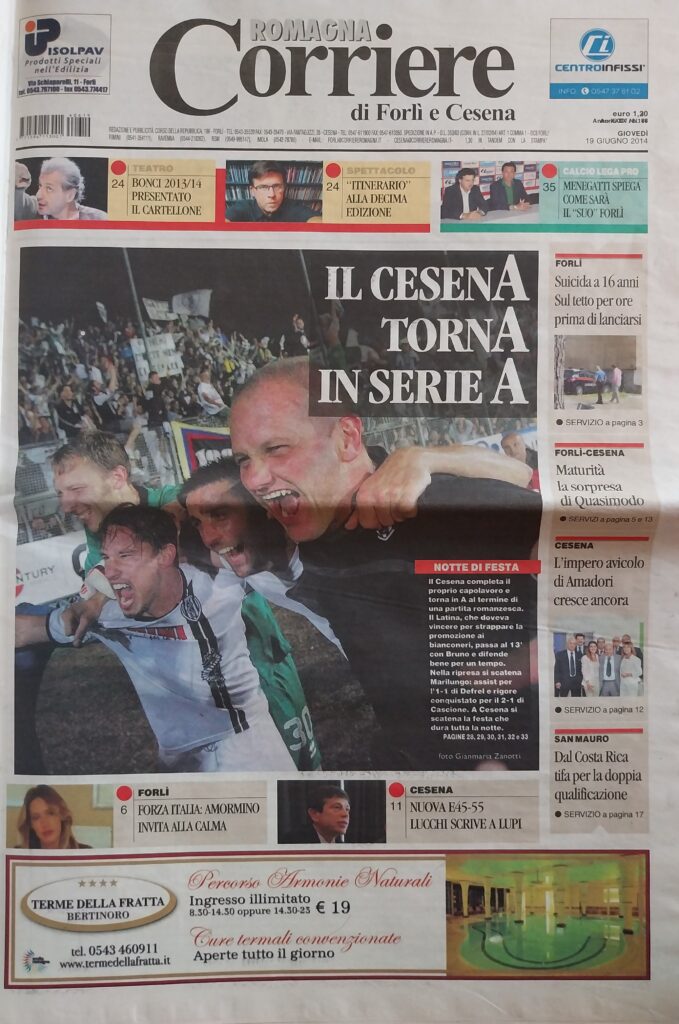 Corriere Romagna 19 giugno 2014, copertina, Latina-Cesena 2013-14 01