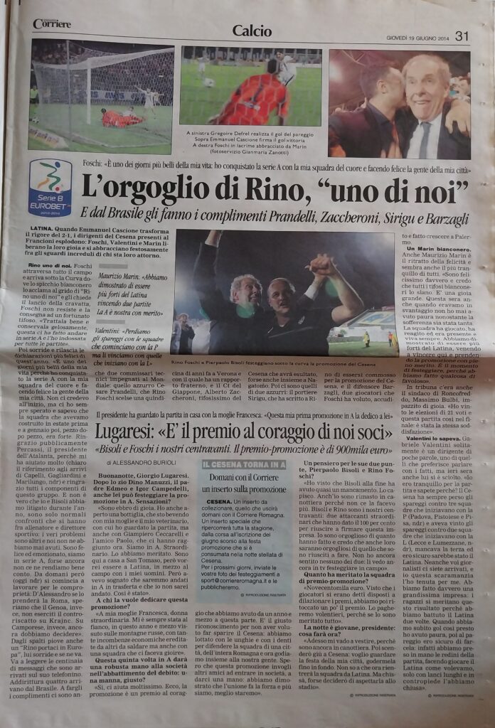 Corriere Romagna 19 giugno 2014, copertina, Latina-Cesena 2013-14 06