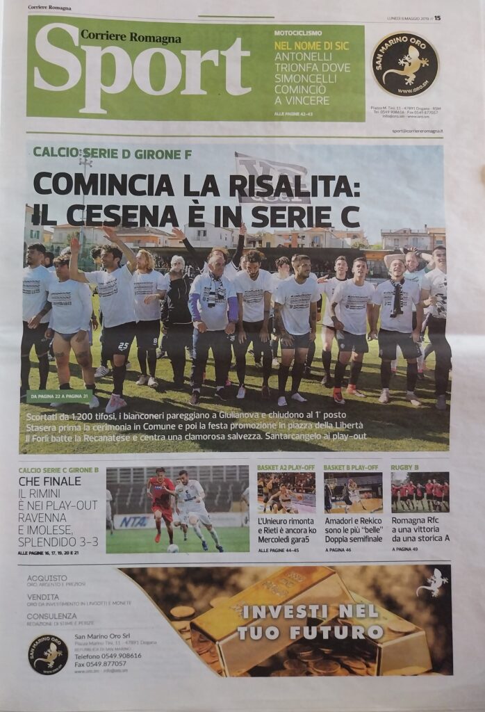 Corriere Romagna 6 maggio 2019, Giulianova-Cesena 2018-19 promozine in serie C 01