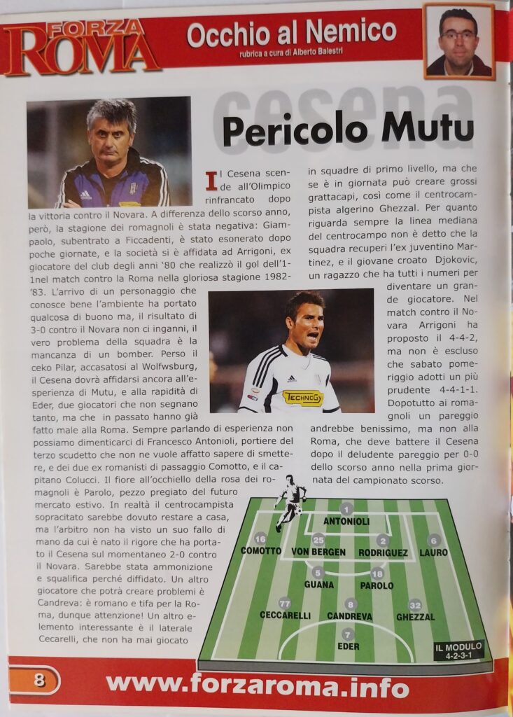 Forza Roma 21 gennaio 2012, n. 9, p. 8, Roma-Cesena 2011-12 Mutu Arrigoni