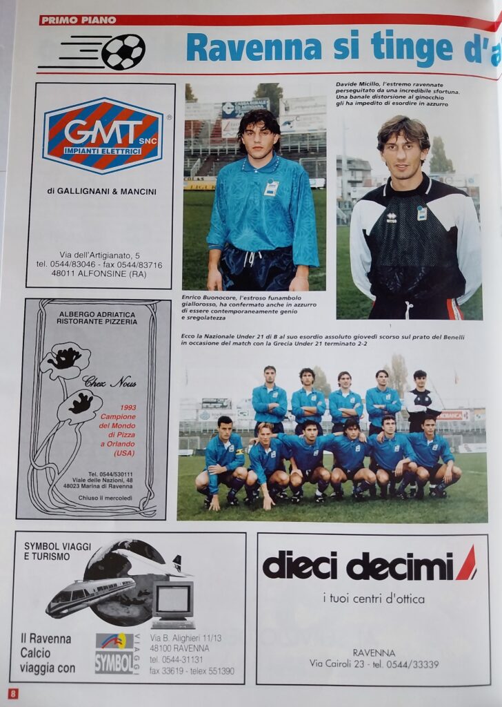 Giallorosso 13 novembre 1993, n. 6, p. 8, Ravenna-Cesena 1993-94 Nazionale Under21 serie B con Teodorani